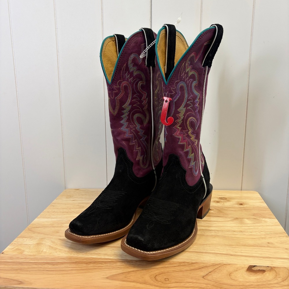 Justin Western Rodeo Suede Cowboy Boots Womens Size 7.5 Boho Cowgirl Embroidered - Picture 2 of 8